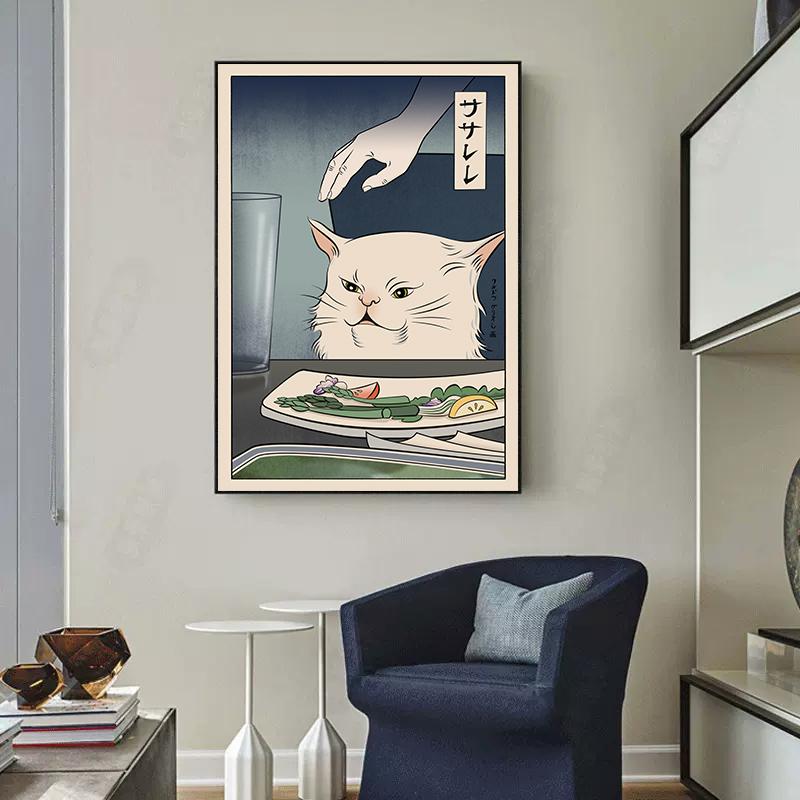 Retro japansk Samurai Cat Dog Poster Lerretsmaling Nordisk veggkunst for moderne stuedekorasjon