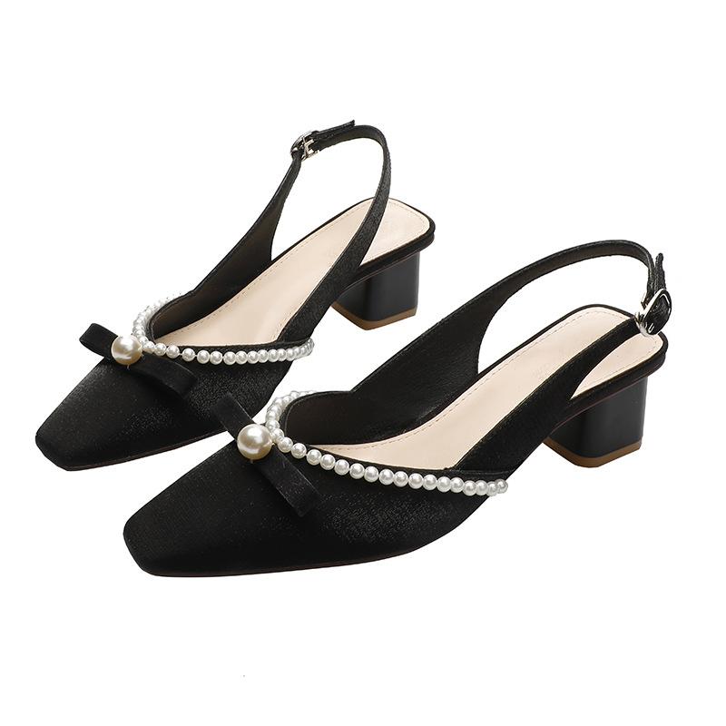 

Босоножки в стиле феи на среднем каблуке, новинка лета 2025 года, туфли-лодочки с толстым каблуком и бантом, женские туфли с квадратным носком 34 чёрный