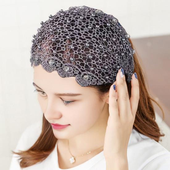 Krajková čelenka zdobená umělými perlami Dámská vysoce elastická široká vlasová gumička s designem pětilisté květiny Vlasové doplňky