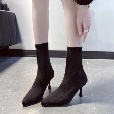 Shoes Female 2024 Plus Size Knitted Ankle Women's Boots Concise Stretch Boots Women Pointed Toe Slip On Thin Heels Shoes Women