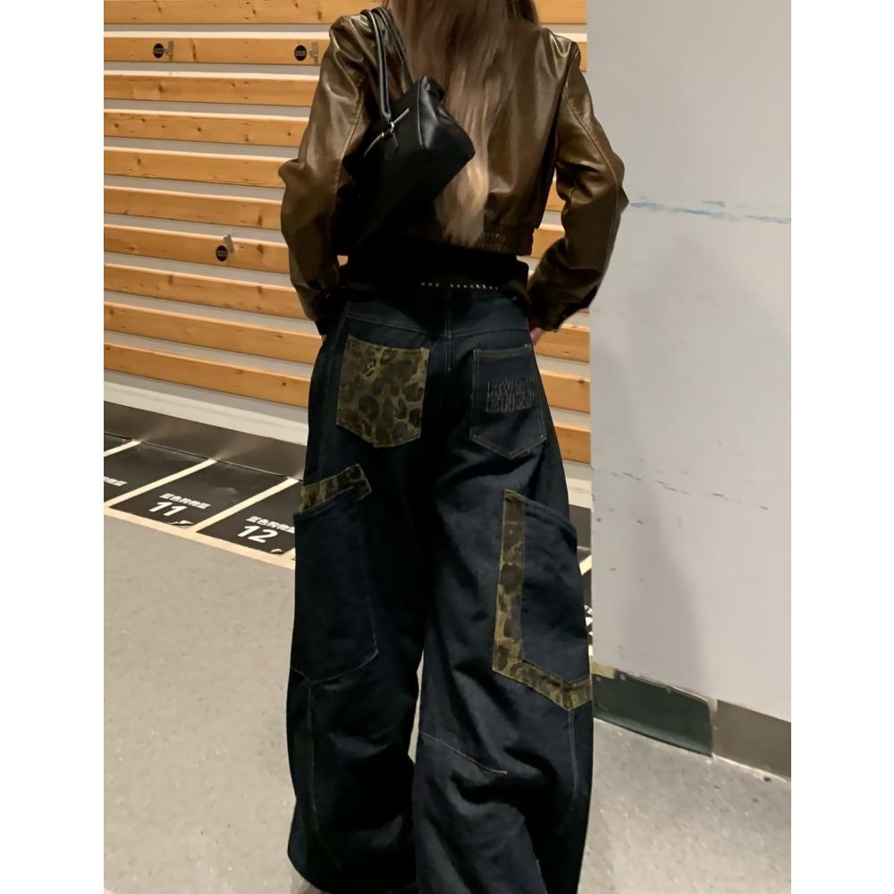 Retro Lampart Łączone Spodnie Cargo Damskie Y2k Hip Hop Causal Luźne Kieszenie Koreańskie Szerokie Nogawki Spodnie Jeansowe Harajuku Szyk Spodnie