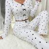 Heart Print V-neck Jacquard Pajama Set for Women - Long Sleeve & Pants