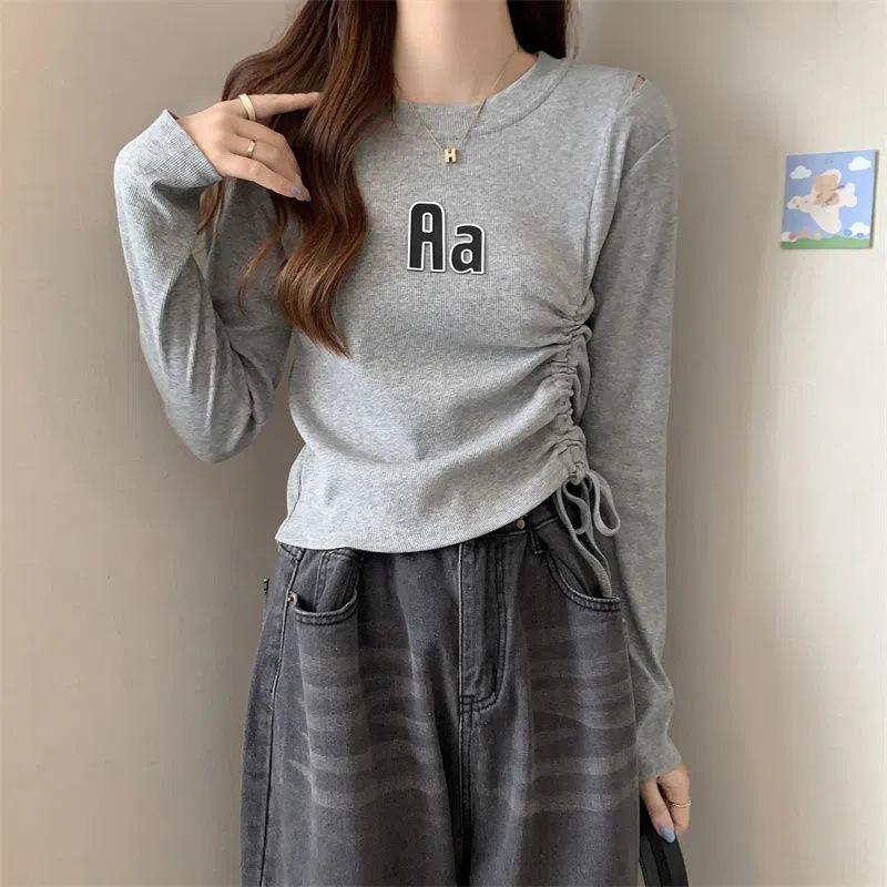 

New Autumn Style Chic Hollow Design Niche Top Irregular Drawstring Long-sleeved T-shirt Women s Base Shirt 2XL серый