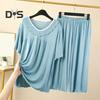 Women's Two Piece Pajamas Set Crew Neck Short Sleeve Shirts Matching Wide Leg Pants Sleepwear Set Summer Casual Loungewear