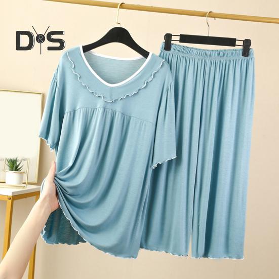 Women's Two Piece Pajamas Set Crew Neck Short Sleeve Shirts Matching Wide Leg Pants Sleepwear Set Summer Casual Loungewear