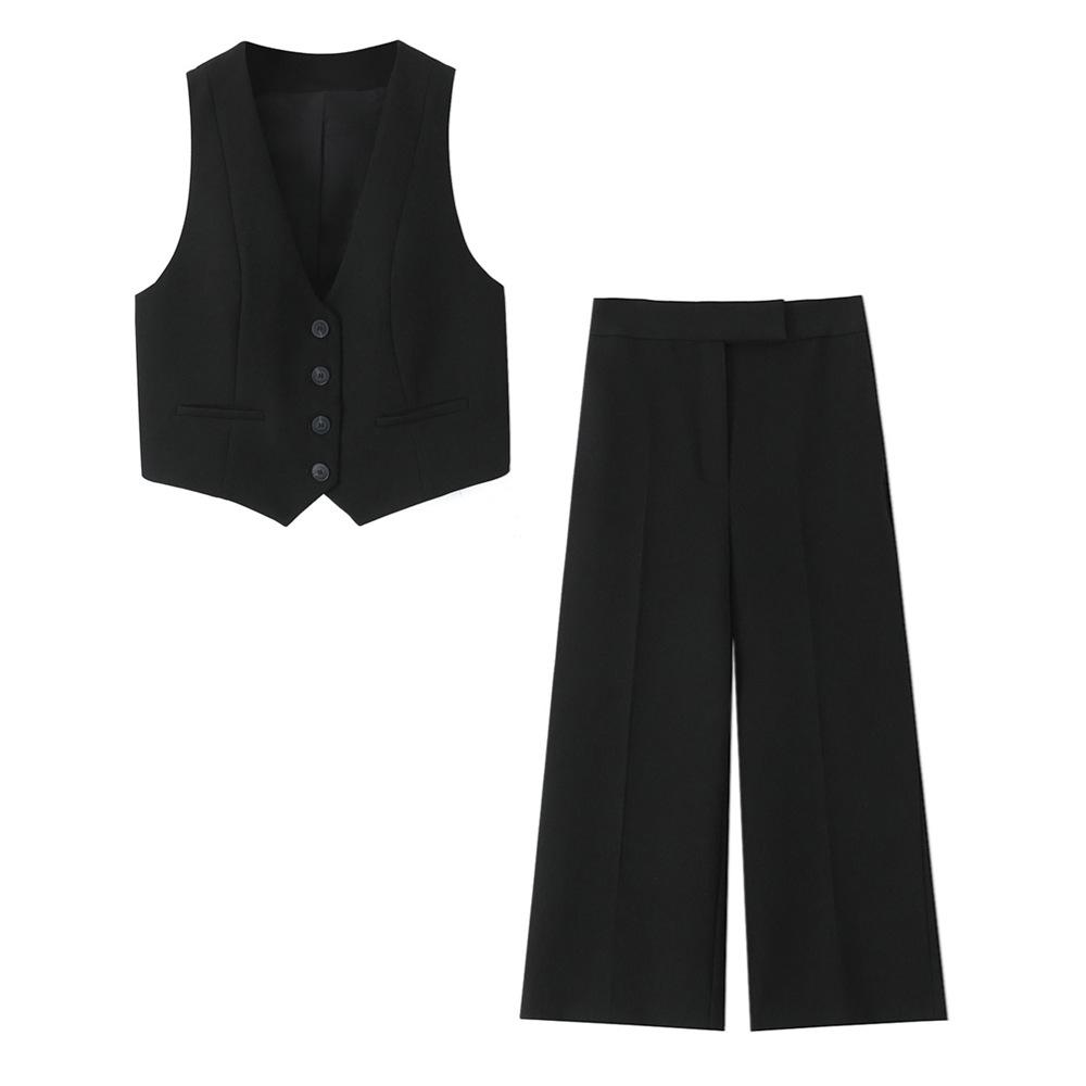 

2025 Spring Women s Slim V-Neck Vest & High-Waisted Straight-Leg Pants Set M