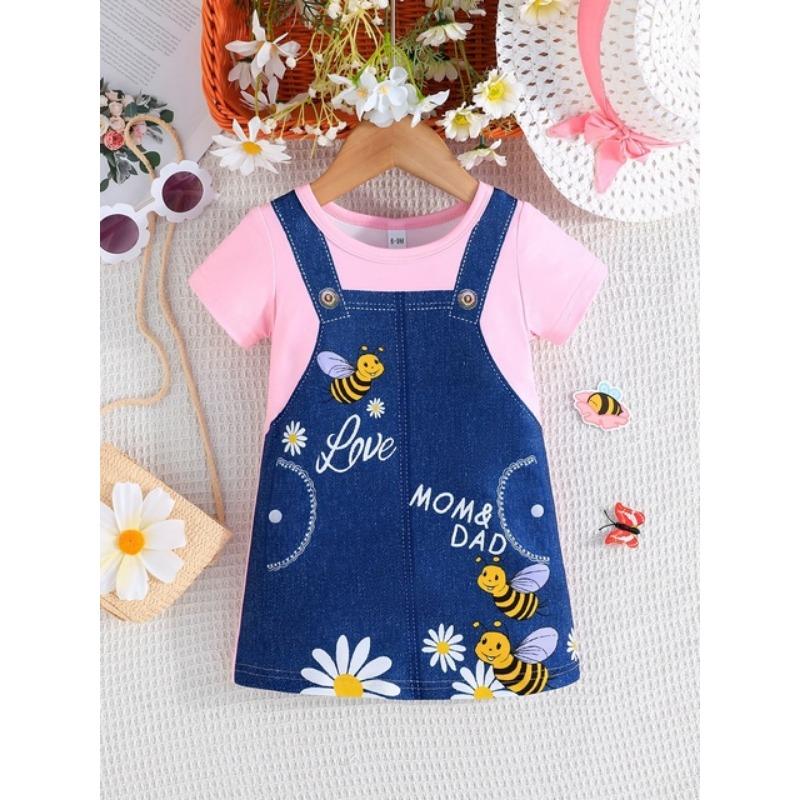 Funny Strap Print Girl Clothes Children Dresses Summer Kids Clothes Round Neck Streetwear Girl Dresses Cartoon Cute Girl Outfits