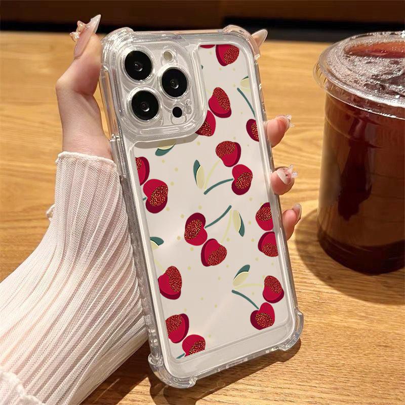 

Для iPhone 16 Pro Max 16E 15 Pro 14 13 12 11 чехол Cherry Pattern тонкий противоударный прозрачный мягкий силиконовый защитный чехол для линз телефона iPhone 14 Pro Max