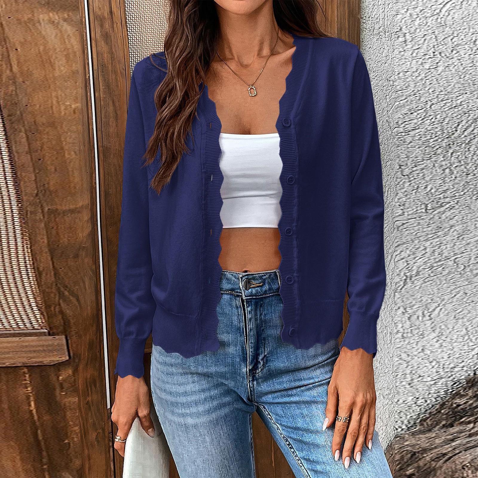 

Женский модный однотонный кардиган с V-образным вырезом, длинными рукавами и пуговицами, короткое вязаное пальто XL тёмно-синий