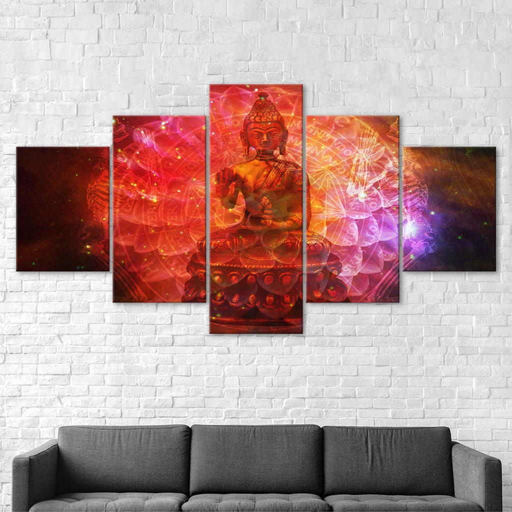 Buddha Statue Mystic Cosmos Scenery 5 Piece Five Panel Wall Canvas Print Modern Art Poster Picture Home Decor Gift For Him Her