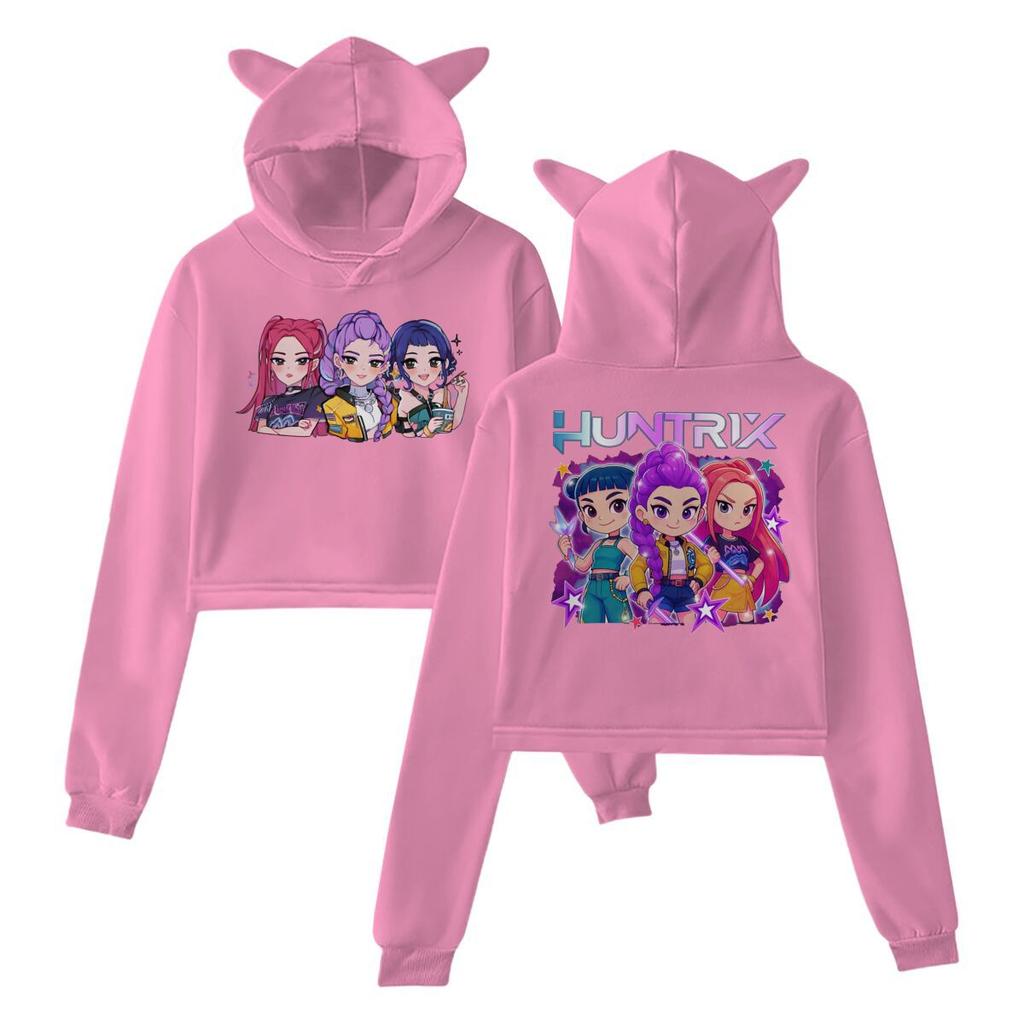 KPop Demon Hunters Hoodie Fashion Cat Ears Women Sweatshirt Long Sleeve Pullover Hooded Girls Cartoon Crop Tops Women's Clothes