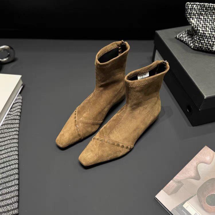 Skinny Boots Square Head French Short Boots Women'S Temperament Suede Martin Boots
