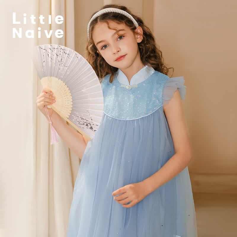 Little Naive Girls New Chinese Style Shimmering Princess Dress 140 синий