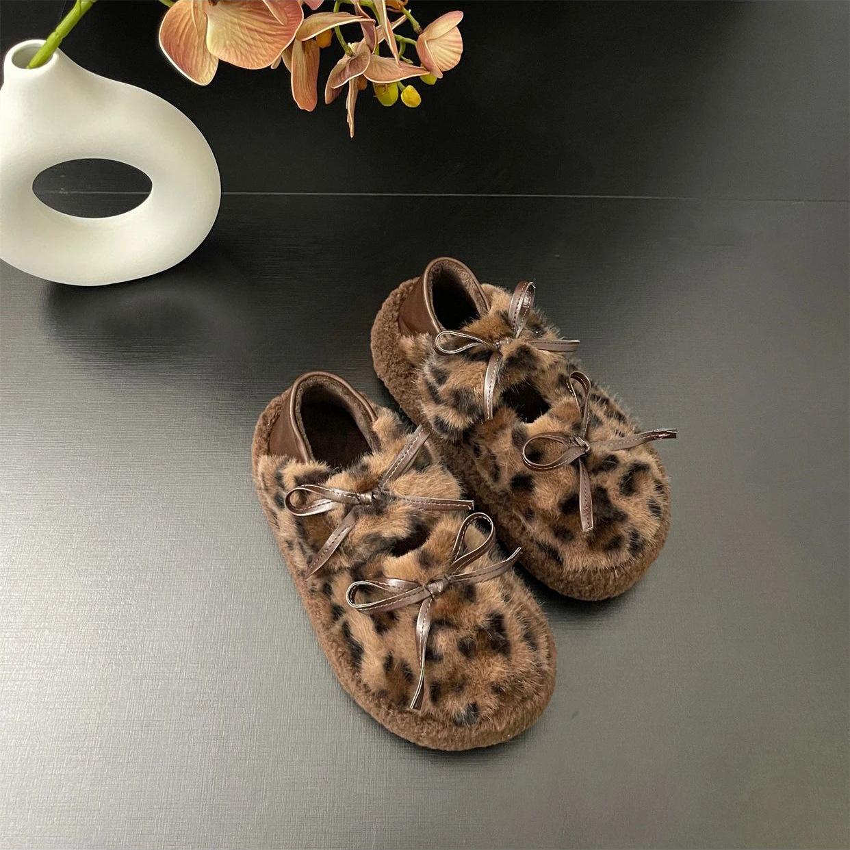 

Casual single shoes women s 2025 autumn and winter new soft-soled suede warm Korean version comfortable bow two wear Mao Mao shoes 40 цветной печати леопарда