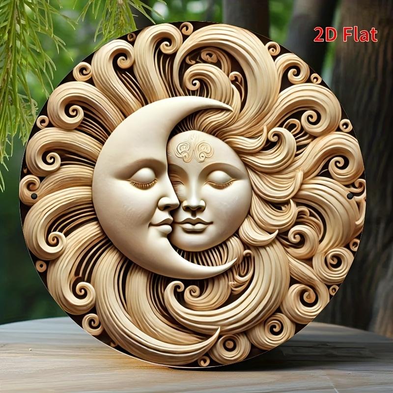 D Flat High Definition Metal Wall Art Surreal Sun and Moon Face Metal Sign Featuring a Harmonious Half Solar Half Lunar Design