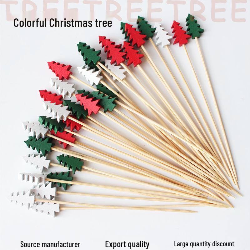 Colorful Christmas Tree Bamboo Toothpicks: Pine Tree Fruit & Decoration Picks, Disposable Skewers