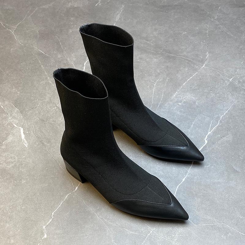 Pointed Thick Heel Short Boots Autumn and Winter New Heightening Thickened Warm Chelsea Boots Women