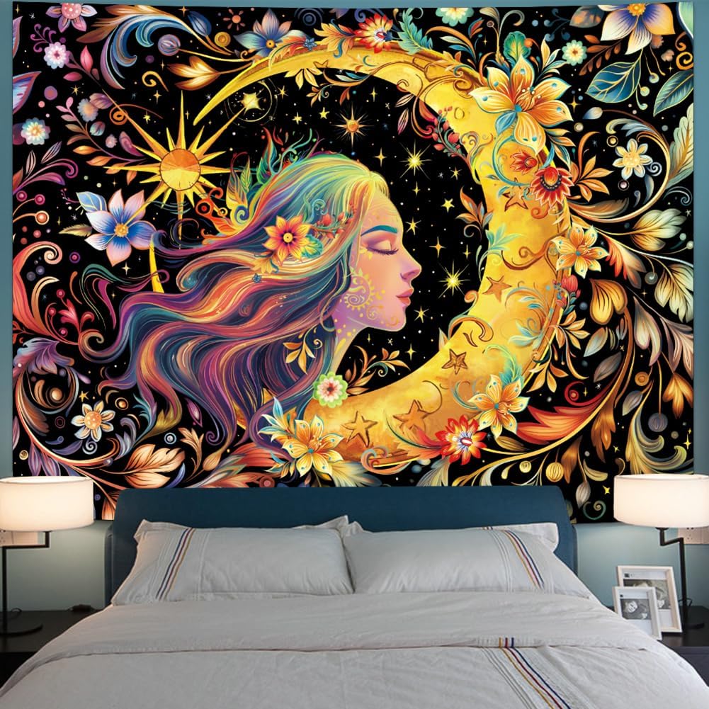 Serborlur Blacklight Sun and Moon Tapestry UV Reactive Psychedelic Floral Tapestries Galaxy Space Tapestry Hippie Boho Mandala Wall Hanging Flower