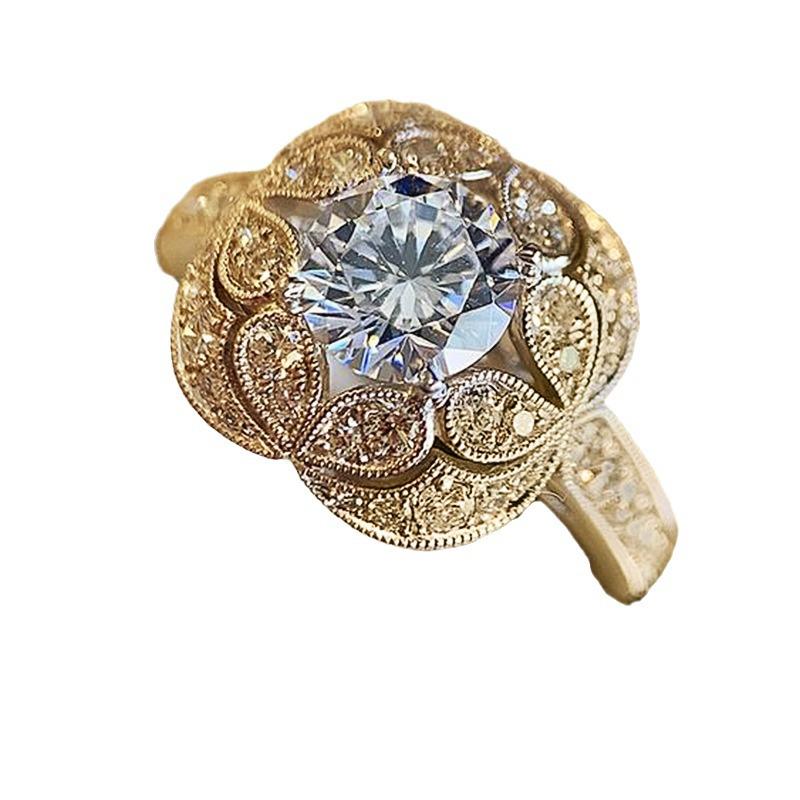 Jie Fashion Ethnic Style Zircon Flower Ring for Women