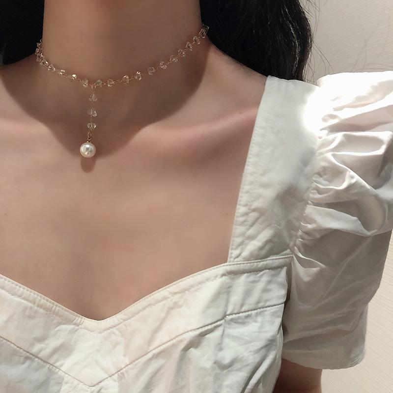Korean Version of Short Shi Crystal Necklace Collarbone Chain Neck Jewelry Choker Temperament Versatile Fringed Pearl Pendant
