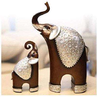 Elefantfigurer i thailändsk stil Elefantmor och barn Fengshui-harts skulpturer för heminredning prydnad - (Set om 2, Brun)