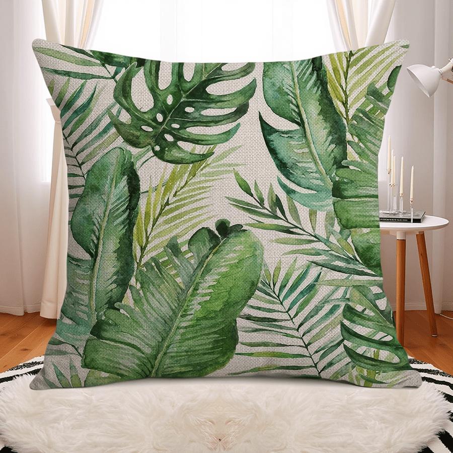 1pc Vibrant Tropical Palm & Fern Leaves Linen Throw Pillow Cover - Contemporary Green Design With Zip Closure P