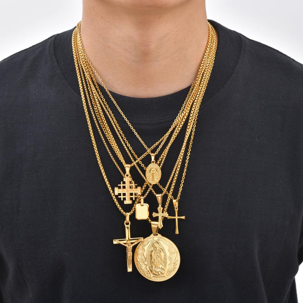 Men's Stylish Gold Color Necklace, Stainless Steel Geometric Cross Pendant Necklace, Vintage Fashion Jewelry Gift To Father