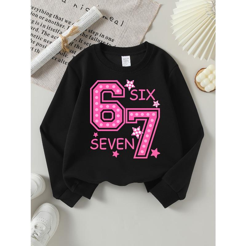 European Sizes Girls' Soft Crewneck Sweatshirt, Pink Star Print Design with Cute Print, Casual All-Match, Ideal Holiday Present