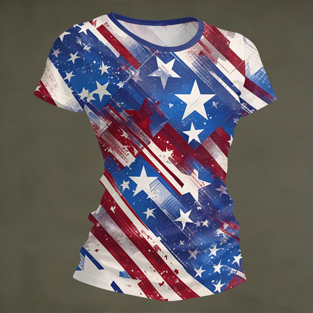 Women's Fashion Round Neck Independence Day Print Short Sleeve Loose Crewneck T-Shirt Top