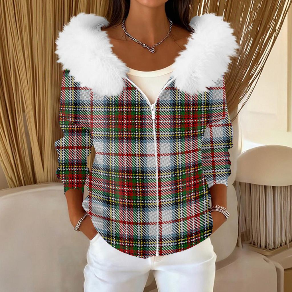 Women's Fashion Casual Sweater Zipper Print Cardigan Plush Hooded Jacket