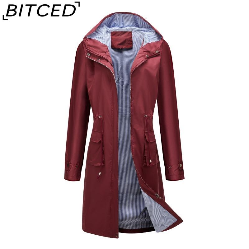 BITCED Spring/Fall Long-Sleeve Casual Trench Coat for Women Water-Resistant Hooded Solid-Color Top Striped Lining Straight-Cut Jacket