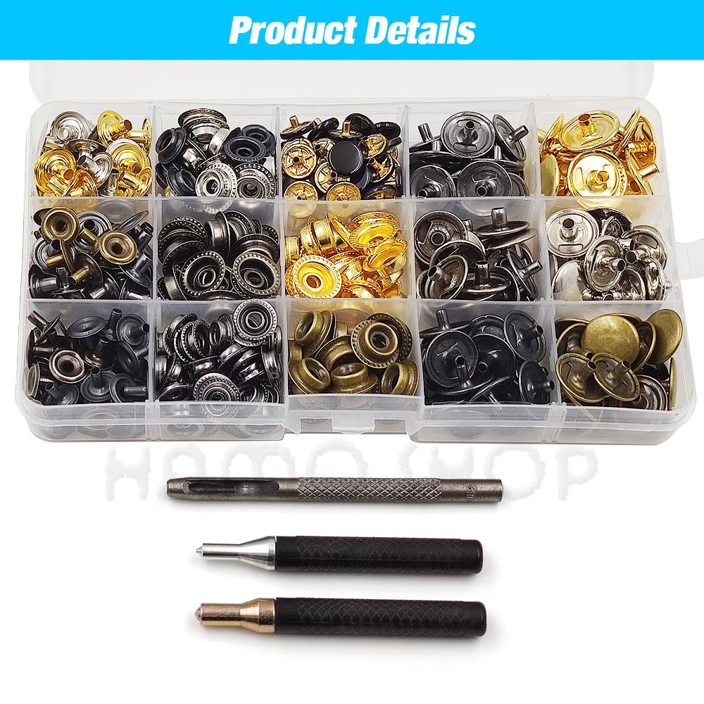 25Sets Metal Snaps Button Snap Fasteners Press Studs With 4 Installation Tools Kit For Clothes Garment Bags Shoes Leathercraft