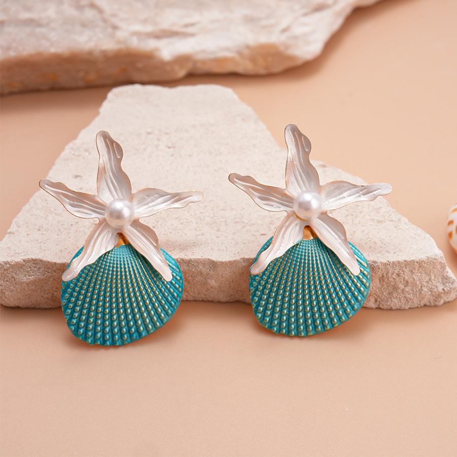 Scallop Starfish Stud Earrings Bohemian Exaggerated Shell Drop Earrings Alloy Pearl Pendant Starfish Pendant Earrings Women синий