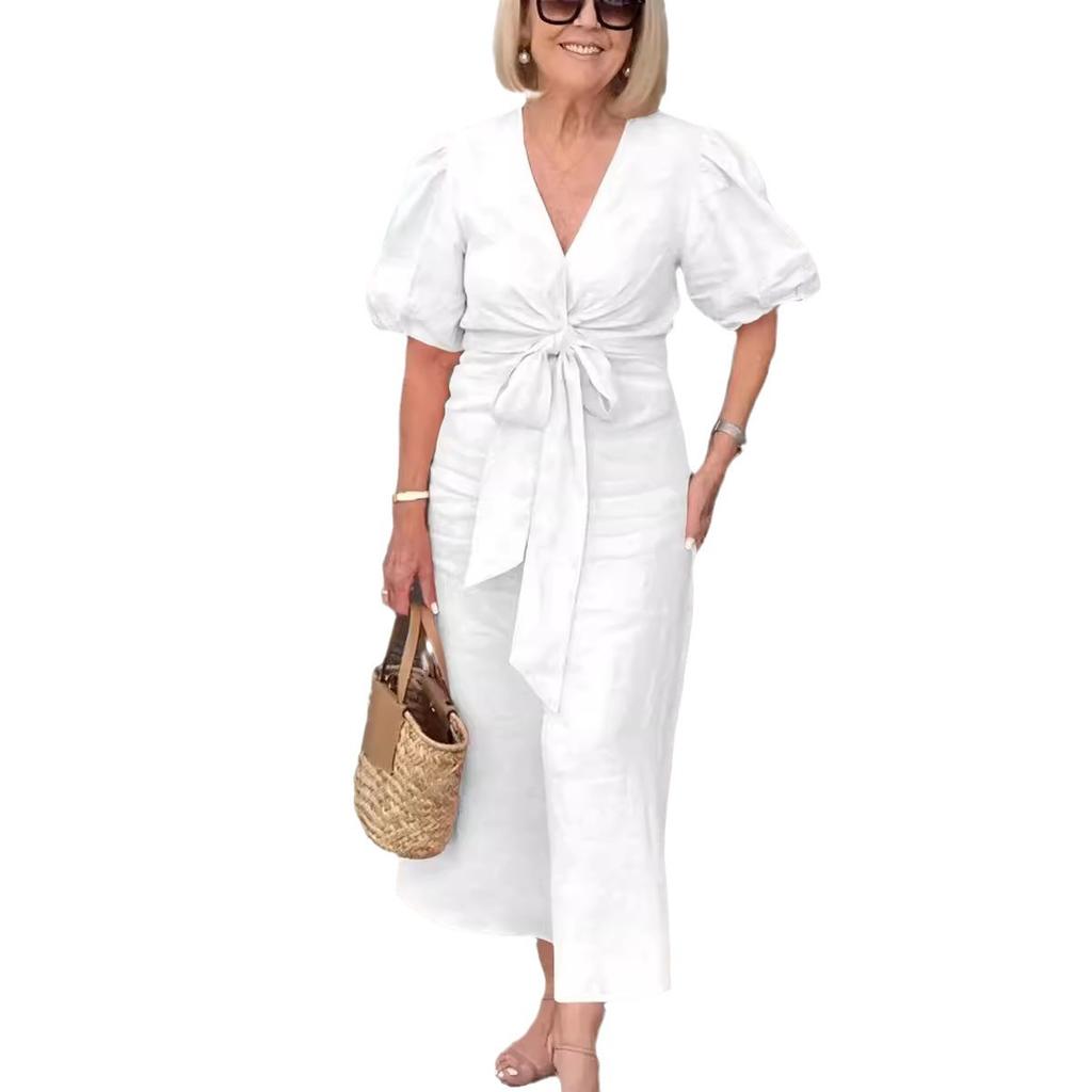 Women's Spring Summer Art Deco-inspired Vintage V-neck Lace-up Puff-Sleeve Cotton A-line Solid-Colour Dress