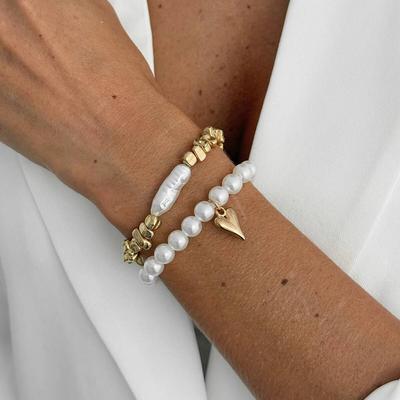 Salircon 2 Pcs/Set Exquis Chaîne Perles Imitation Pendentif Cœur Bracelet Femmes Vintage Chaîne Corde Élastique Manchette Bijoux Cadeau