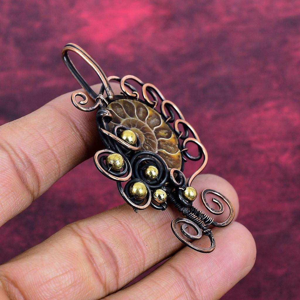 Ammonite Fossil Pendant Copper Wire Wrapped Jewelry Gemstone Handmade Pendant
