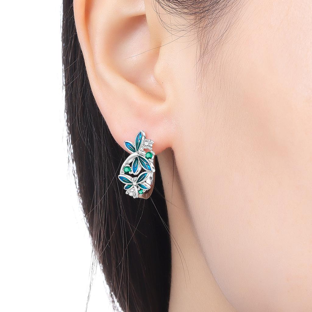 S925 Sterling Silver Blue Green Dragonfly Earrings Hoop Earrings Women Jewelry Original Trendy Anniversary Gifts