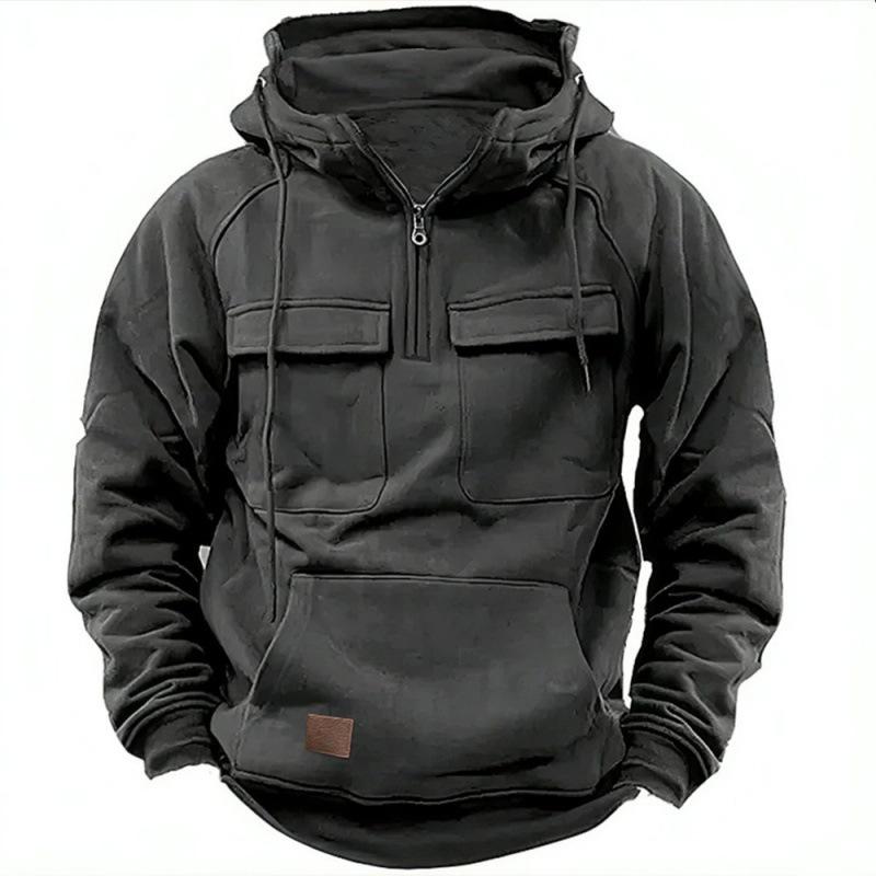 Men's Hooded Multi-Pocket Leather Patch Sweatshirt - European & American Style