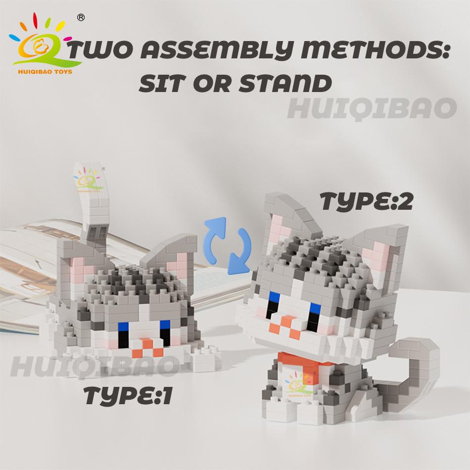 HUIQIBAO Cute Cat Micro Model Building Block Kids Mini Pets City Cartoon Animal Diamond Bricks Educational Toys Children Gift