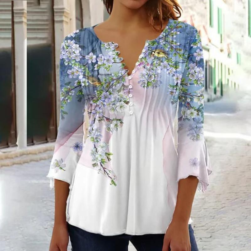 Spring and Summer New Women's Floral Print V-neck Short Sleeved Pleated Button Down T-shirt Base Shirt