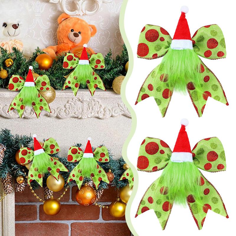 5/10Pcs Plush Foliage Wreaths Christmas for Xmas Tree Party Ornaments Santathemed Decor Glitter Dot Ribbons with Santa Hat