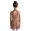 Children’s Sparkle Rhinestone Sleeveless Mock Neck Top Keyhole Back and Ruched Irregular Skirt for Dance Show Practice