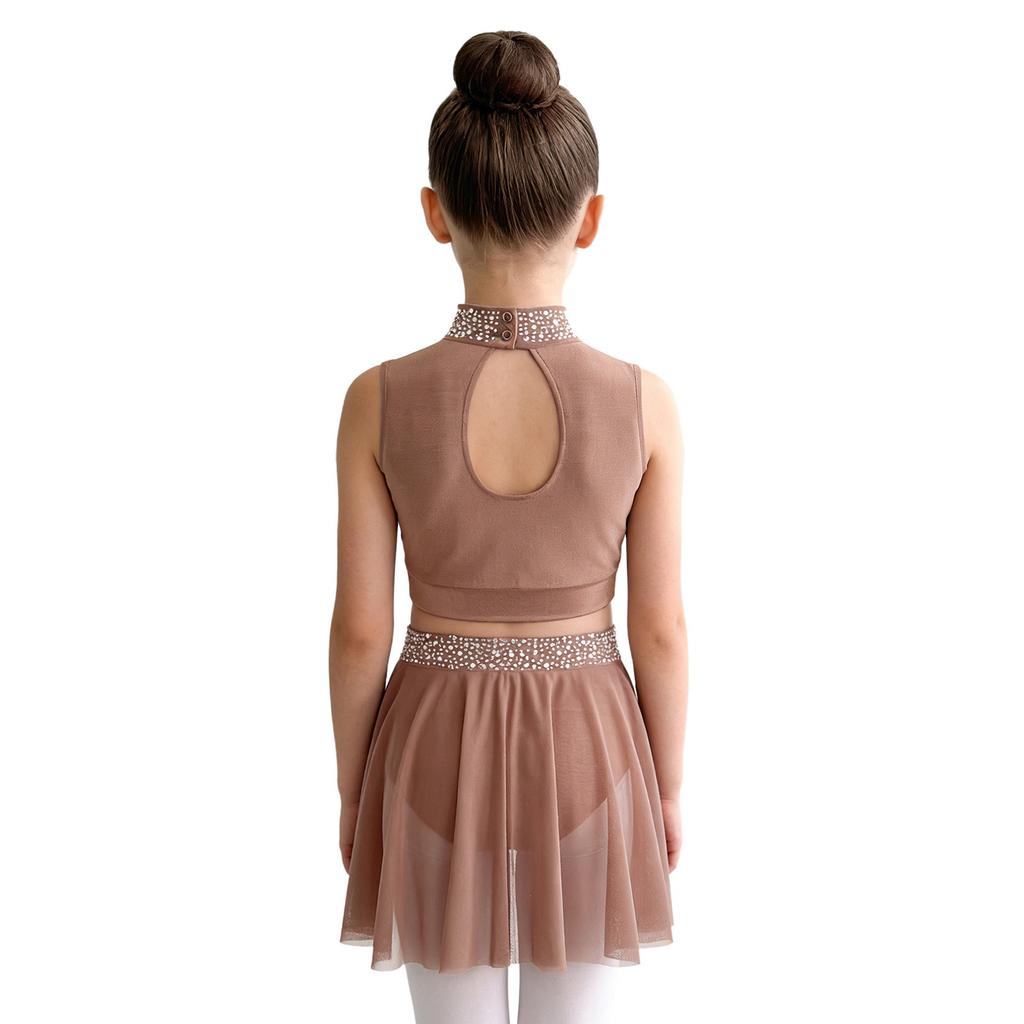 Children’s Sparkle Rhinestone Sleeveless Mock Neck Top Keyhole Back and Ruched Irregular Skirt for Dance Show Practice