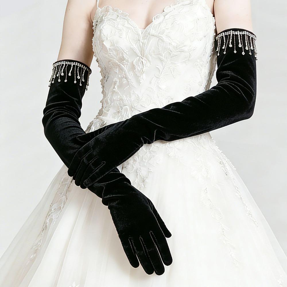 

Solid Color Velvet Long Gloves Rhinestone Tassel Bride s Long Mittens Party Supplies чорний
