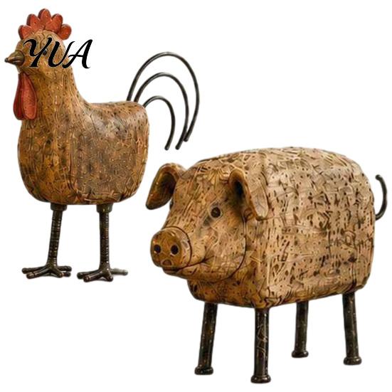 Retro Style Window Sill Ornaments Country Pig/Rooster Figurine, Resin Rustic Farmhouse Animal Statue, Pastoral Miniature Decor Sets Desktop
