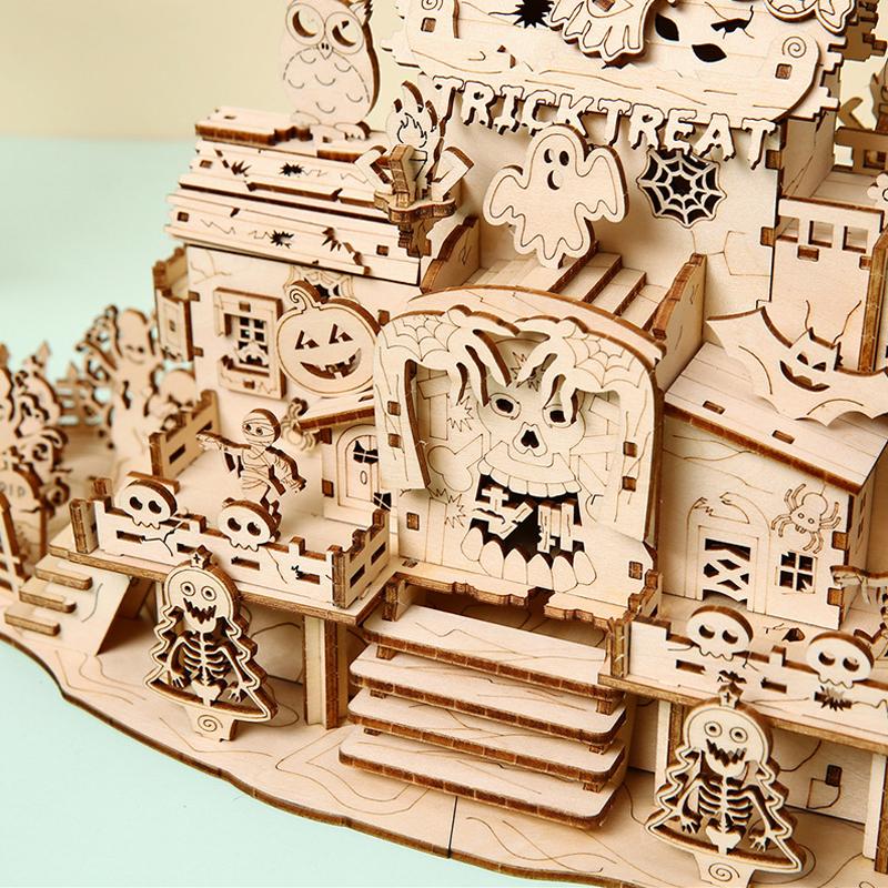 3D Halloween Haunted House Wooden Puzzle Ghost Tree with Light DIY Model Craft Kits Desk Decoration Toys Gift for Kids Adult