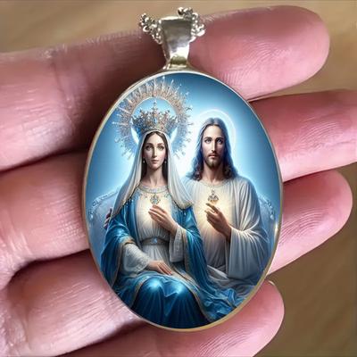 Naszyjnik z zawieszką Jezus i Maryja, zawieszka z kamieniem czasu, unisex religijny naszyjnik-talisman.