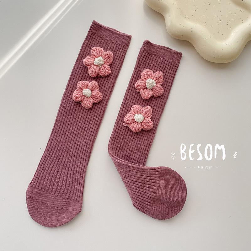 Girls' Korean-Style Mid-Calf Socks with Little Flower Design - Trendy Solid Color Scrunched Knit Knee-Highs (Heel-Less)