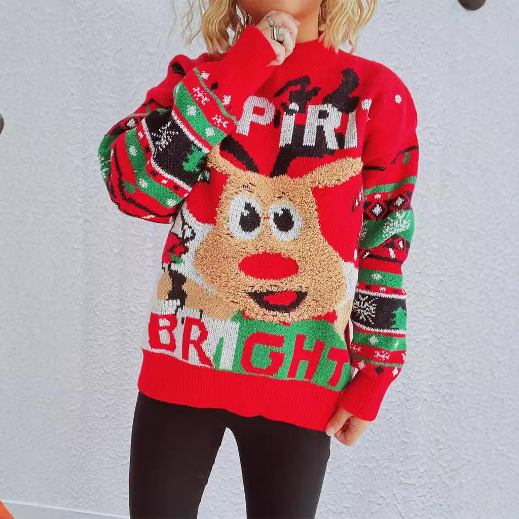 Autumn and winter new Christmas sweater for women wearing loose chic knitted reindeer jacquard top pullover sweater 3531 EMA