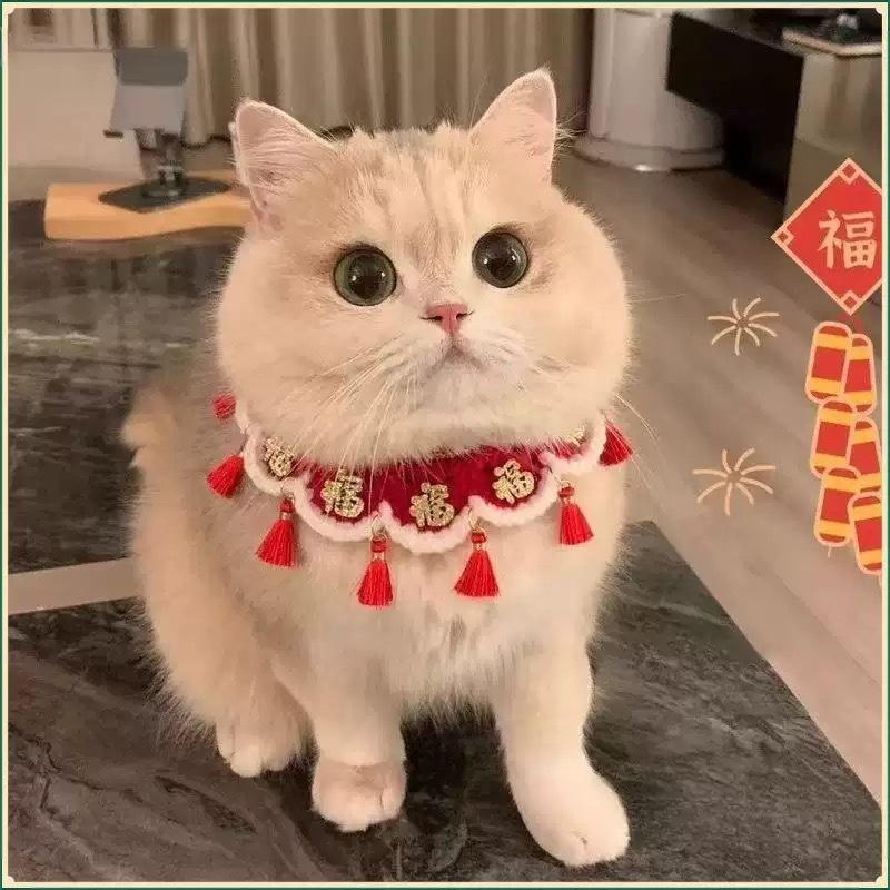 Hand Woven Cat Collars Adjustable Red New Year Dog Scarf Tassel Fortune Spring Festival Decoration Pet New Year Accessories